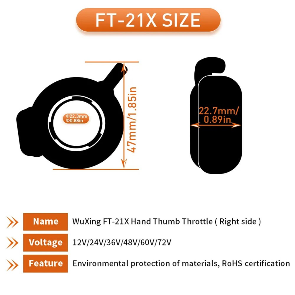 FT21X Thumb Throttle 12V for Ebike 36V 48V 52V 72V Electric Bike Controller HAU