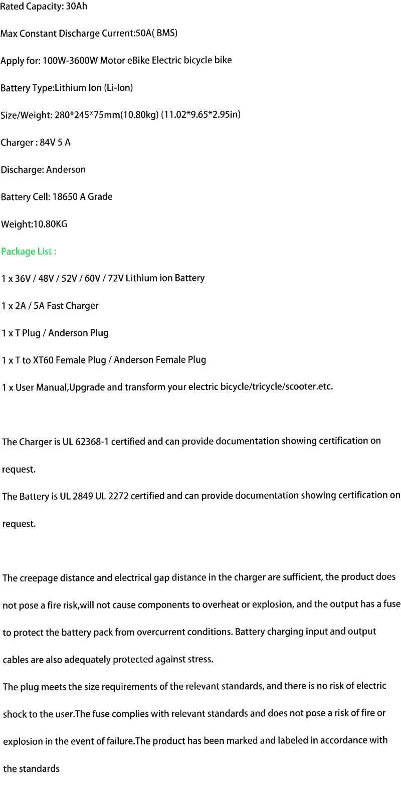 36V 48V 52V 60V 72V Lithium Ebike Battery for ≤3600W Electric Bike Bike Scooter