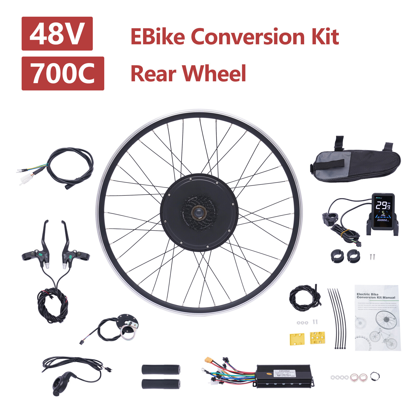 700C 48V 1000W Electric Bicycle Conversion Kit E-Bike Hub Motor Rear Wheel w/LCD