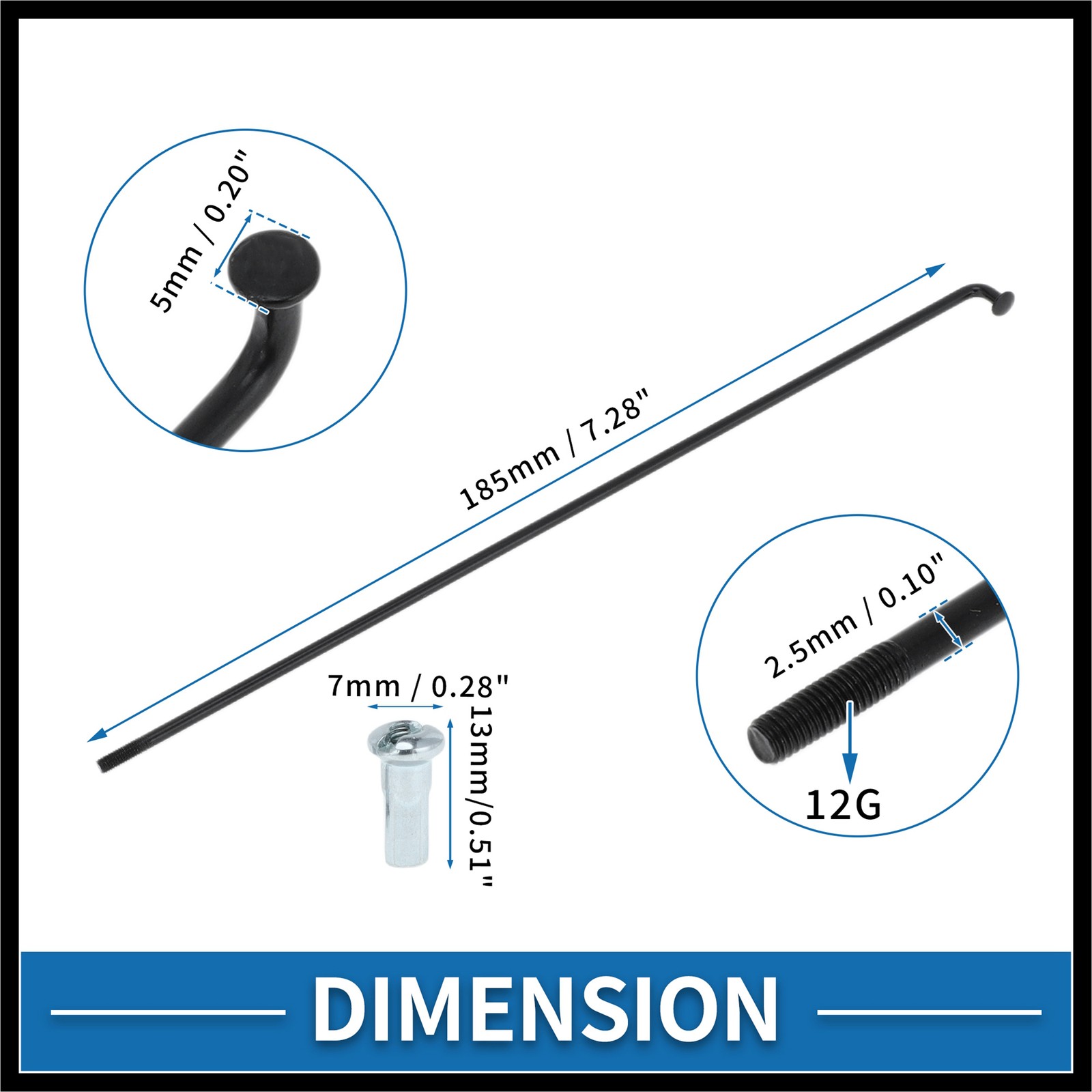 1Set 12G 185mm Length Bicycle Spoke Nipple Carbon Steel Black Universal