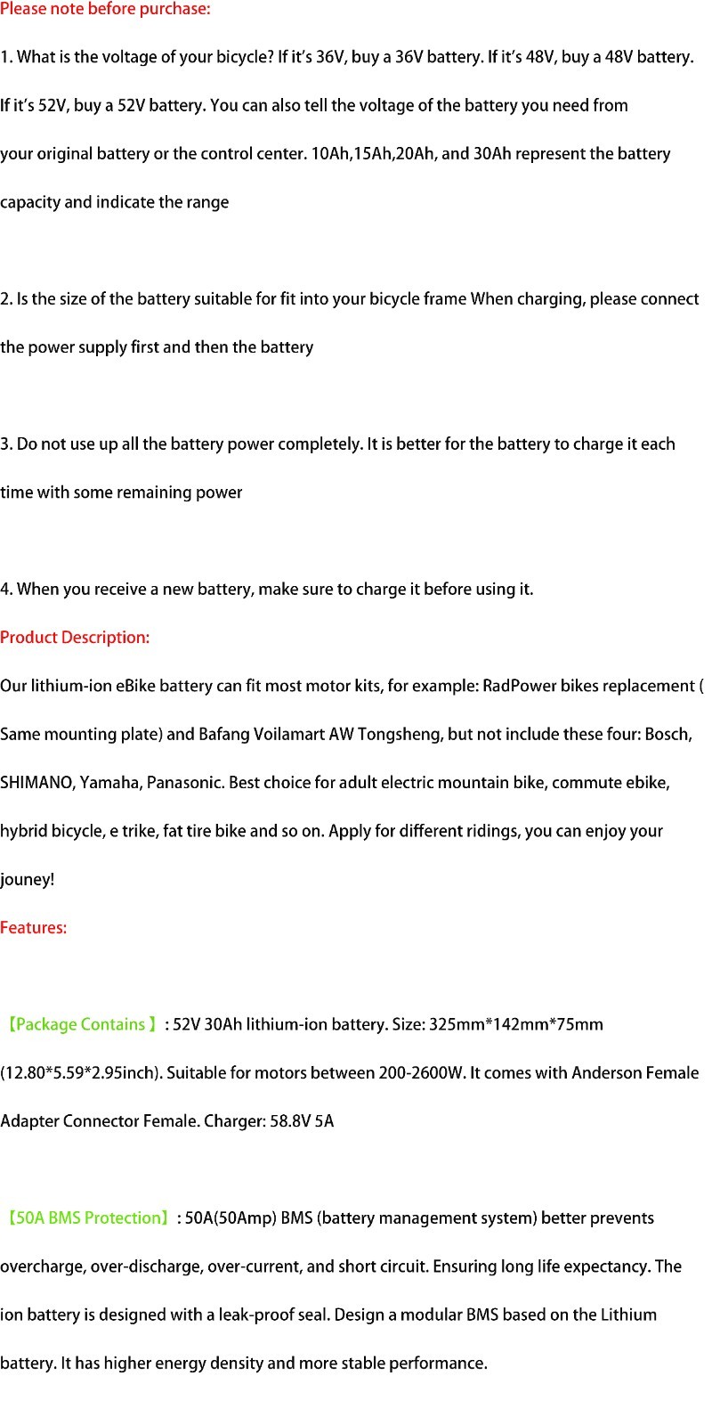 52V 30Ah EBIKE BATTERY LITHIUM Li-Ion For Ebike Electric Bike MTB Bicycle Motor
