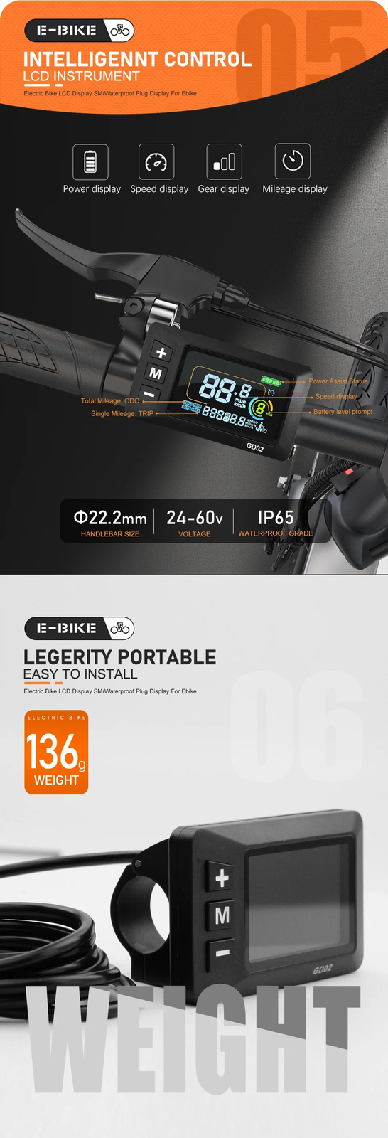 E-bike LCD Display 24V 36V 48V 52V 60V SM/WP Plug Compatible with Controllers