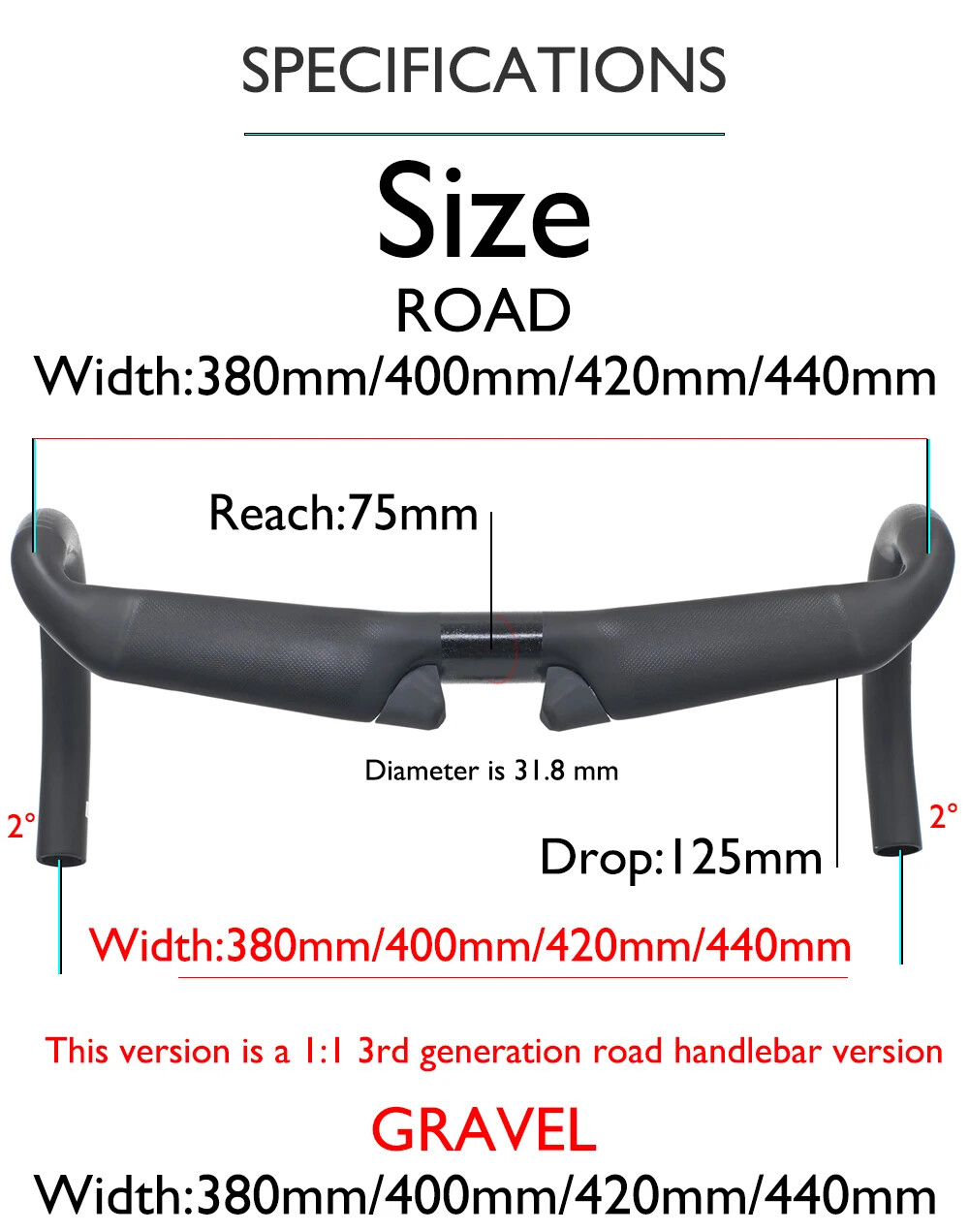 31.8*380 400 420 440mm T1000 Carbon Fiber Gravel Road Bike Handlebar with Stem