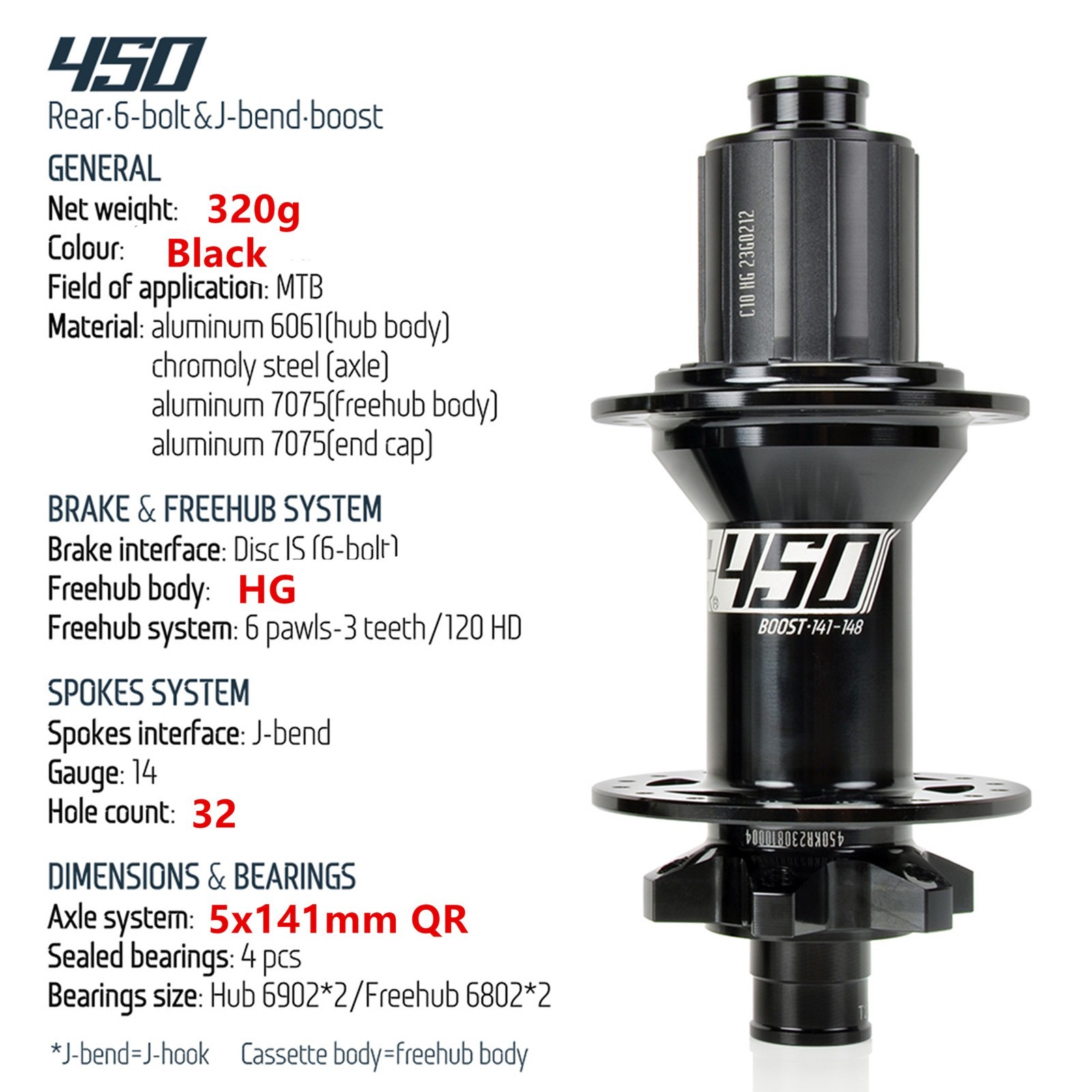 XM450 Boost MTB Rear Hub 32H 6 Bolt Quick Release Disc Brake for 8-11S,10×141,HG