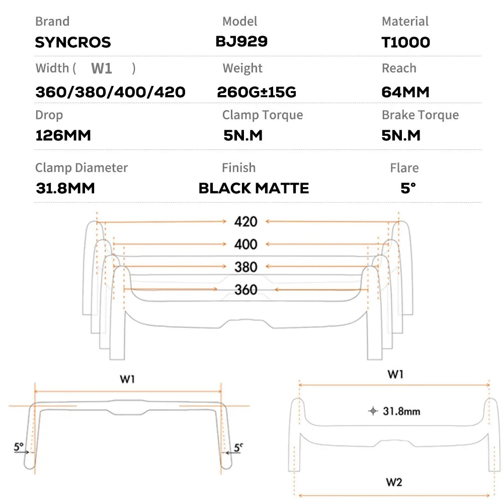 Road Bike Handlebar 380mm/400mm/420mm/440mm Black Matt Fully Internal Routing
