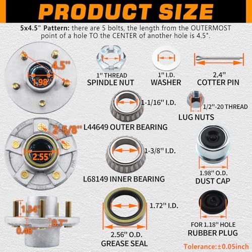 2 Sets Galvanized Trailer Hub Kits 5 on 4.5» for 3500 lbs 1-1/16» to 1-3/8»