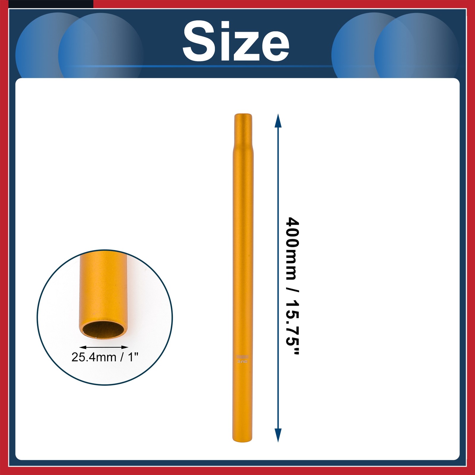Bike Seats Posts 25.4x400mm Lightweight Post Seats Tube Gold Tone Aluminum Alloy
