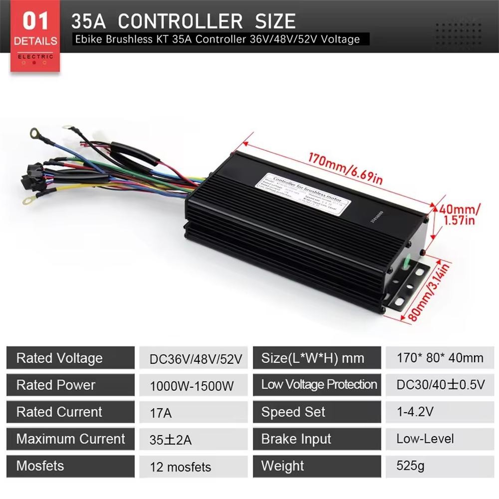 E-bike 36V-52V 35A Sine Wave Controller For 1000W 1500W Motor with KT Display