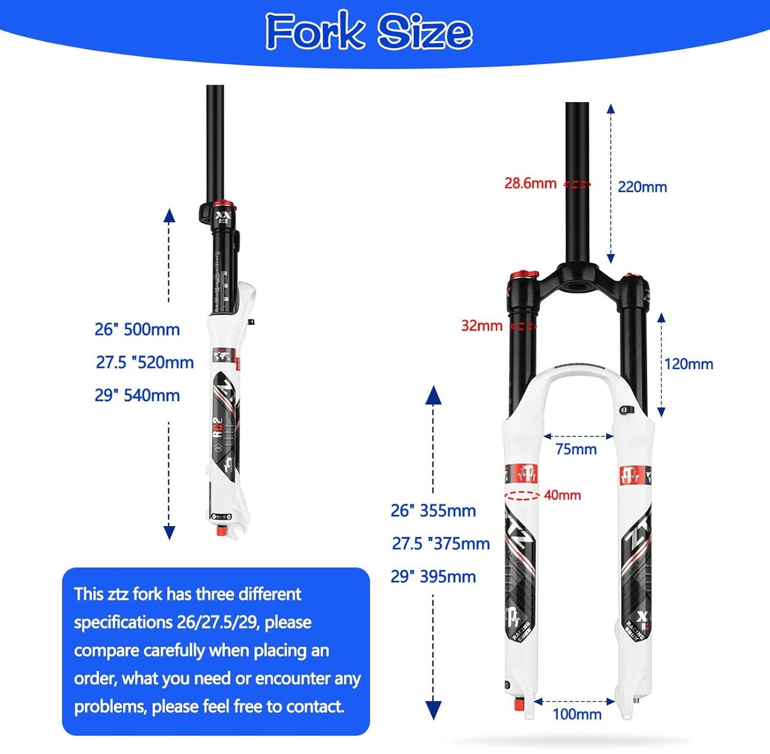 ZTZ MTB Air Suspension Fork Fit for 26/27.5/29 inch Mountain Bike, QR 9mm, XC/AM