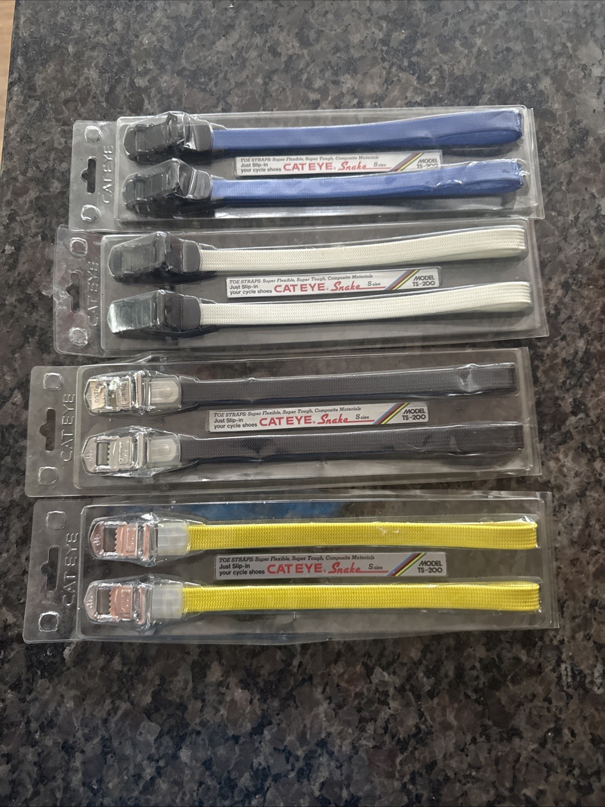 NOS Cat Eye Snake TS-200 Vintage Bike Toe Clip Straps – Blue,yellow,white,black