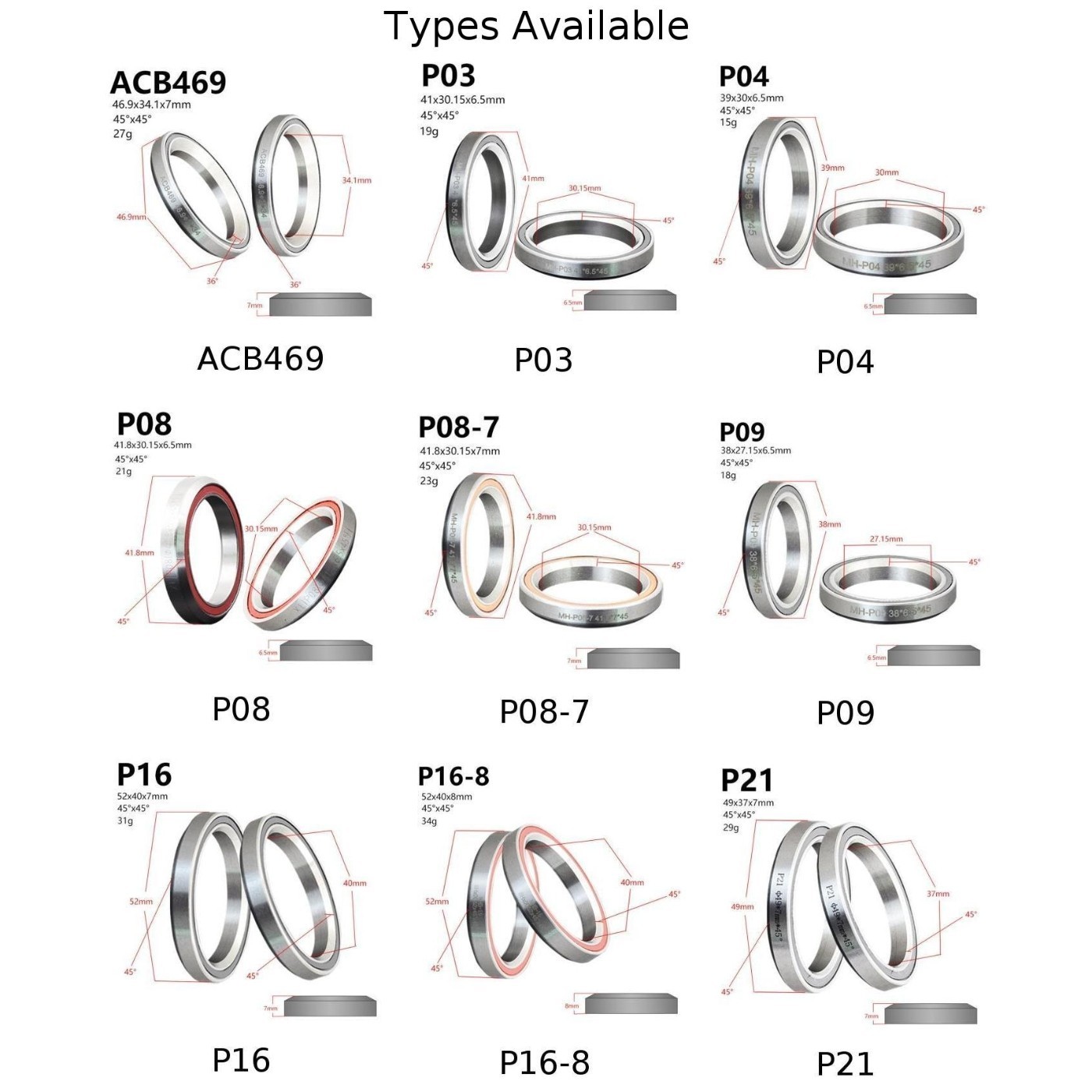 High Quality Headset Bearings Headset 38/39/41/44/49/52mm 45/36 Angle Bearings