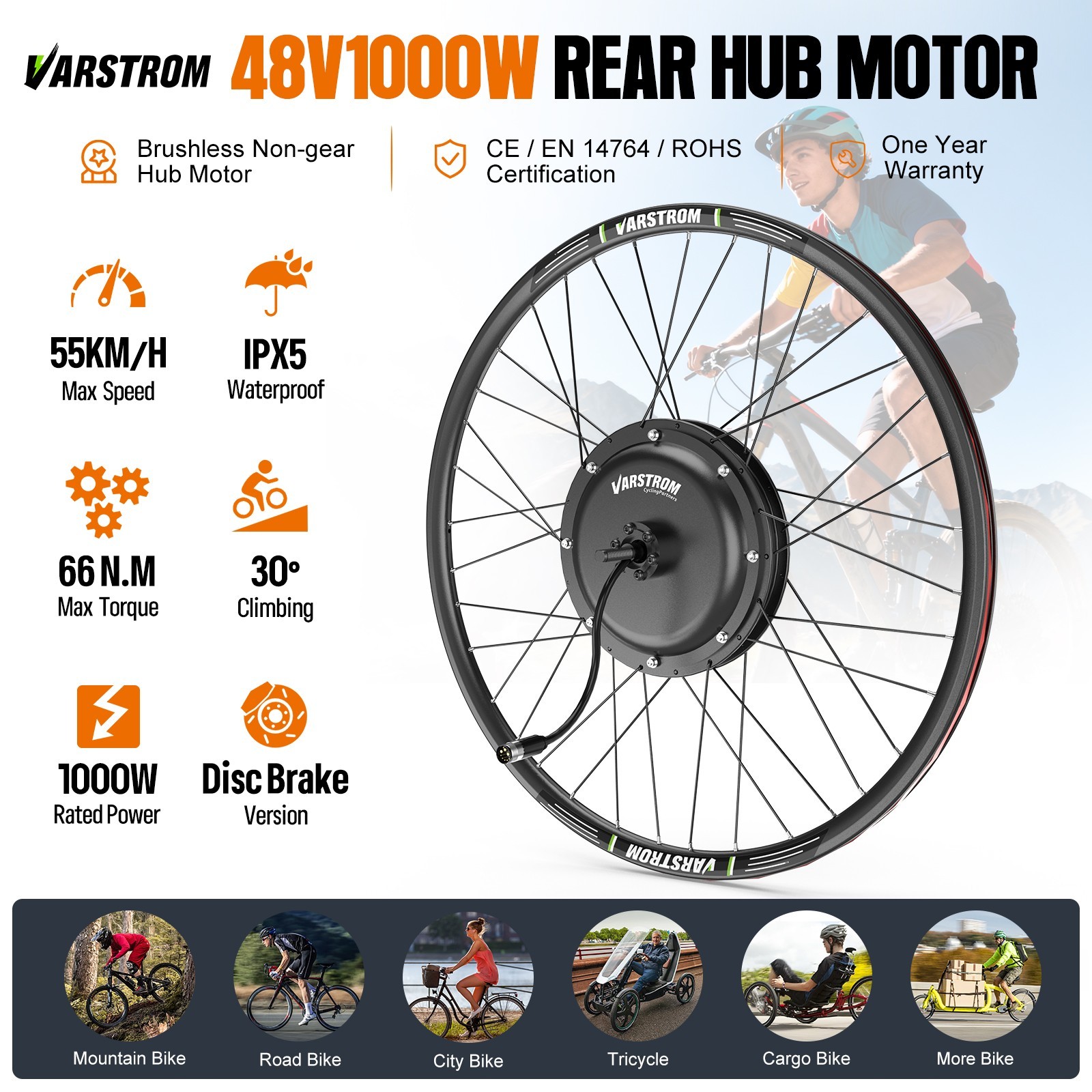 48V1000W Varstrom Rear Wheel Hub Motor Kit 26″27.5″700C eBike Conversion Kits US