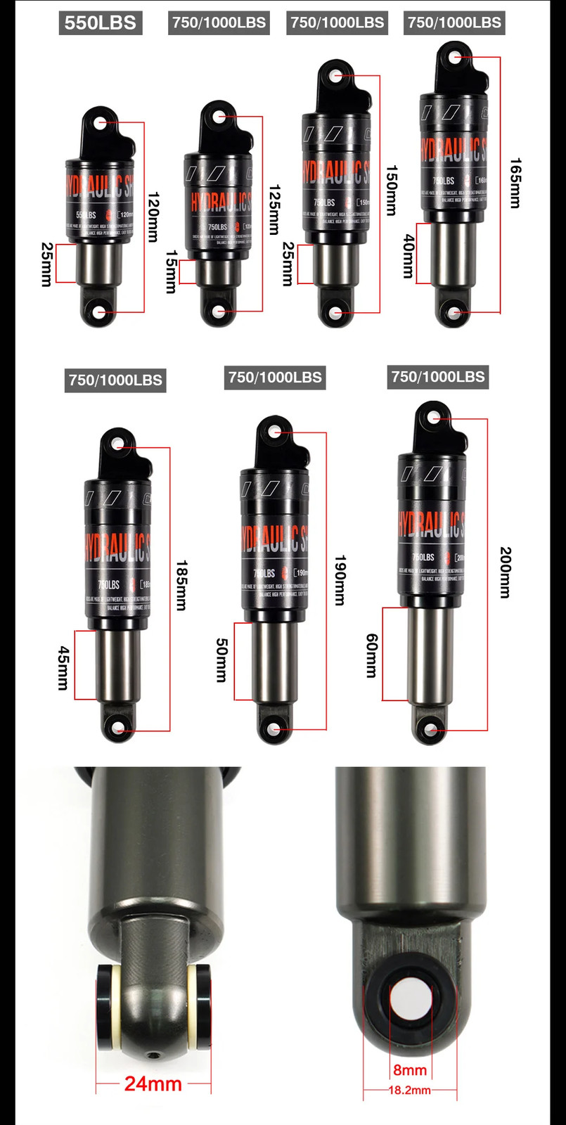 120/125/150/165/190/200mm Mountain Cycling Hydraulic Frame Air Shock Absorbers