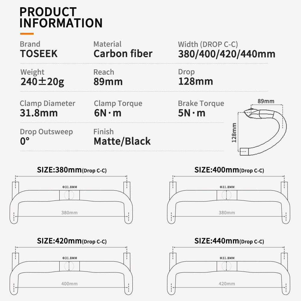 TOSEEK Full Carbon Road Bike Drop Bar Bicycle Handlebars 31.8mm External Routing
