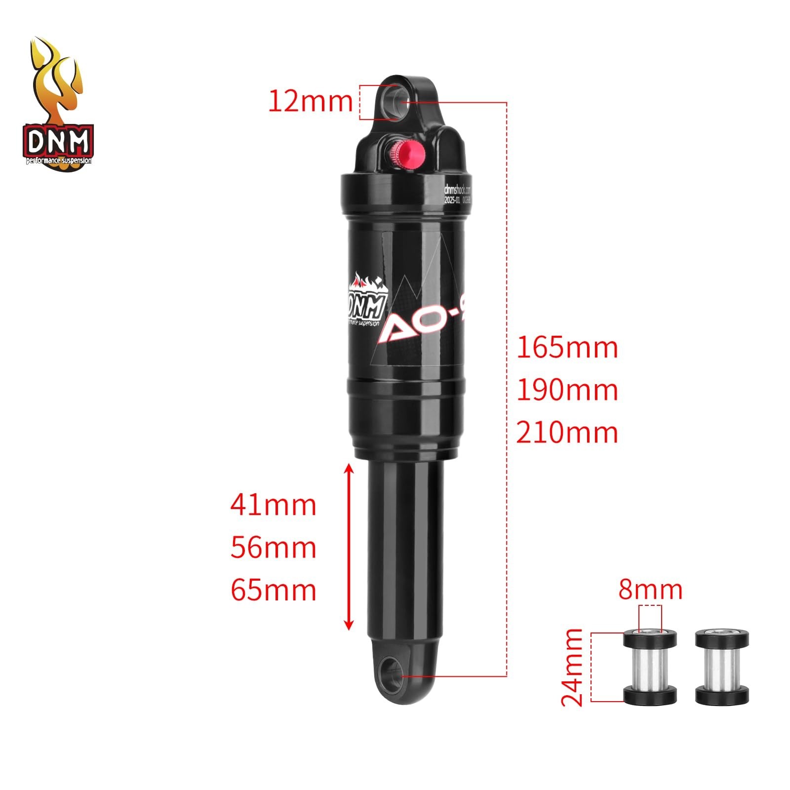 DNM AO-9 Air Suspension Shock Absorber, 65/56/41mm Travel, 150-275PSI Adjusta…