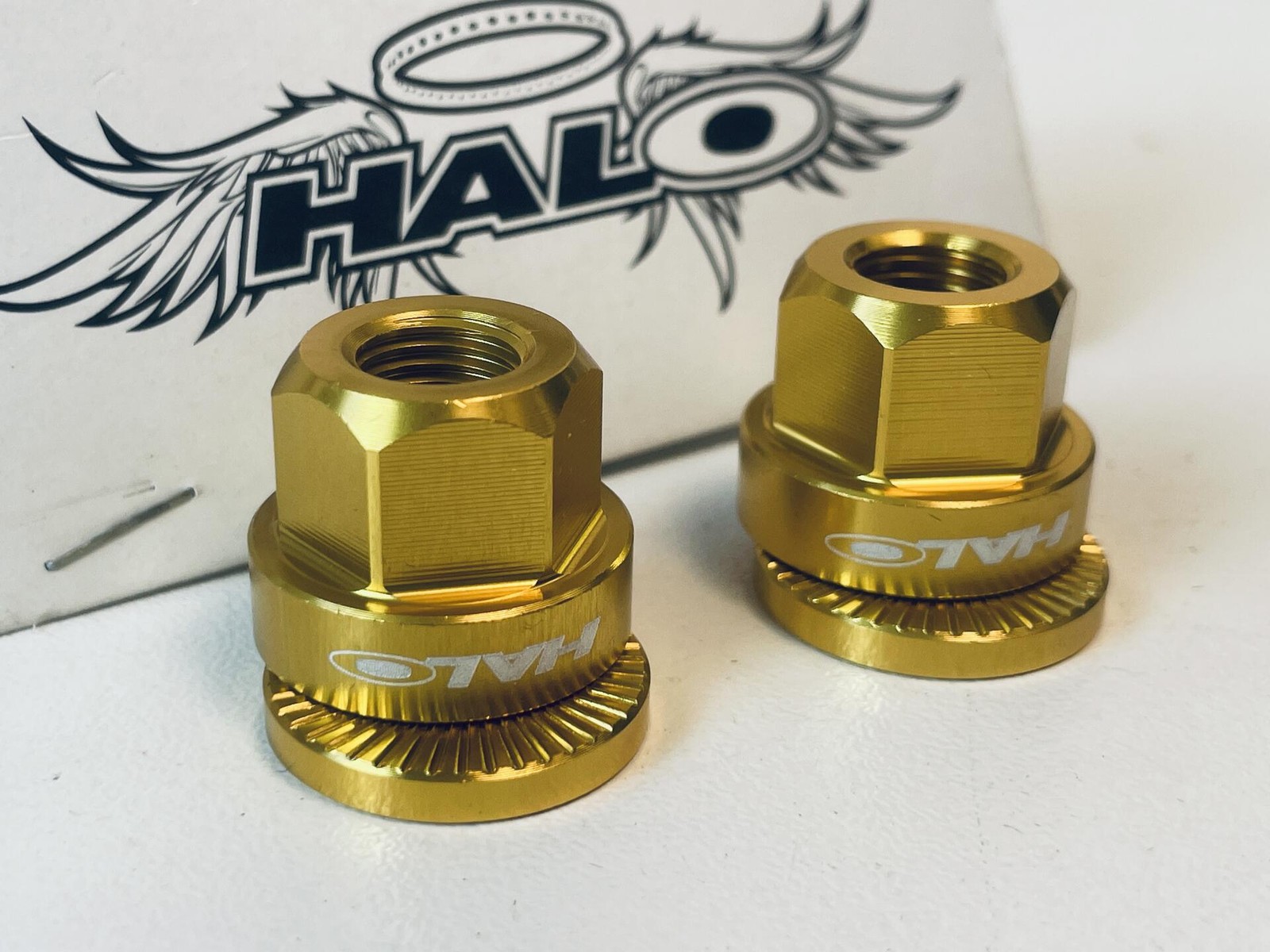 NOS Halo Alloy M9 Axle Nuts, 9mm, Gold Anodized – Pair