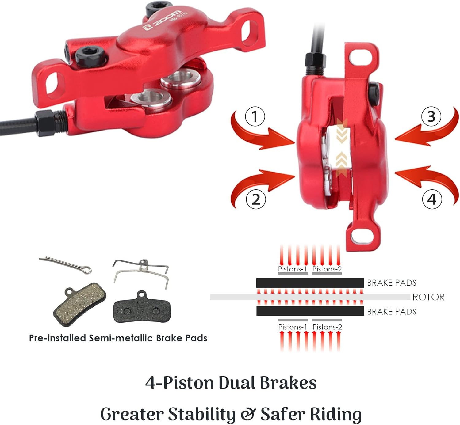 ZOOM HB876E Hydraulic E-Bike Brake Kit with 1 Pair 4-Piston Brake Pads, 2-Pin Po