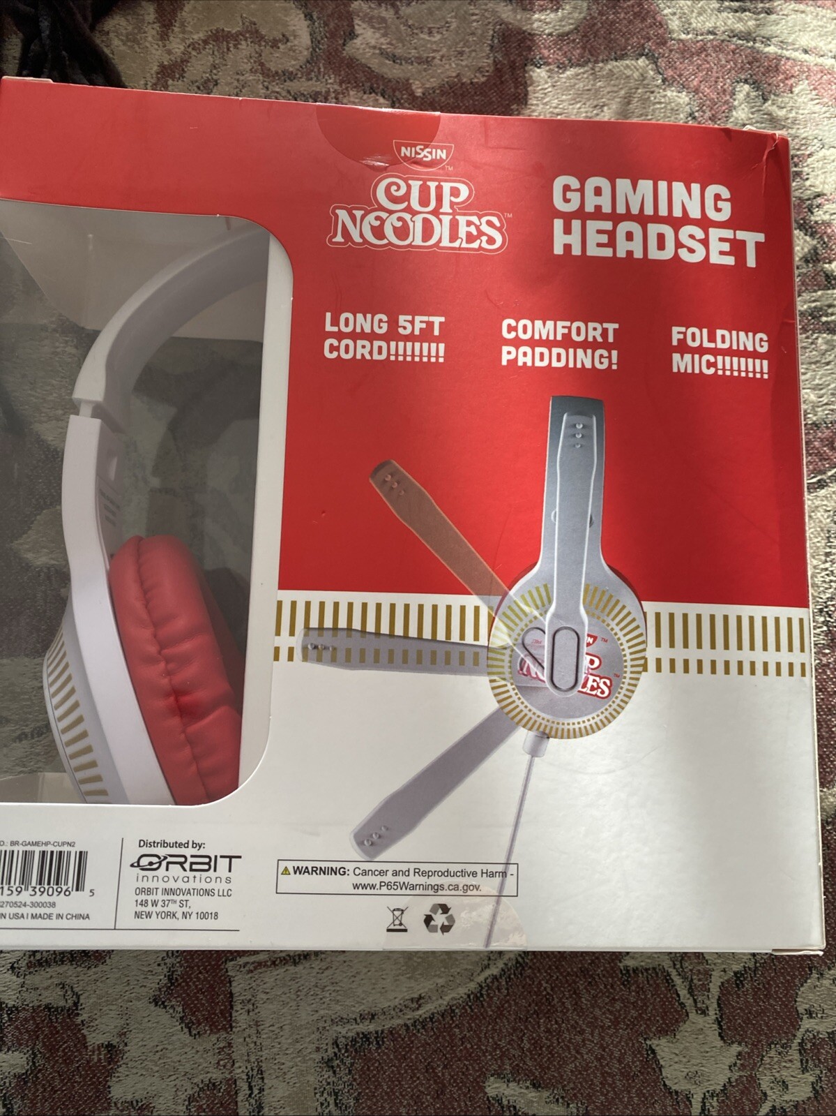 Cup Noodles Red/White Gaming Headset Wired/folding Mic 5ft Cord