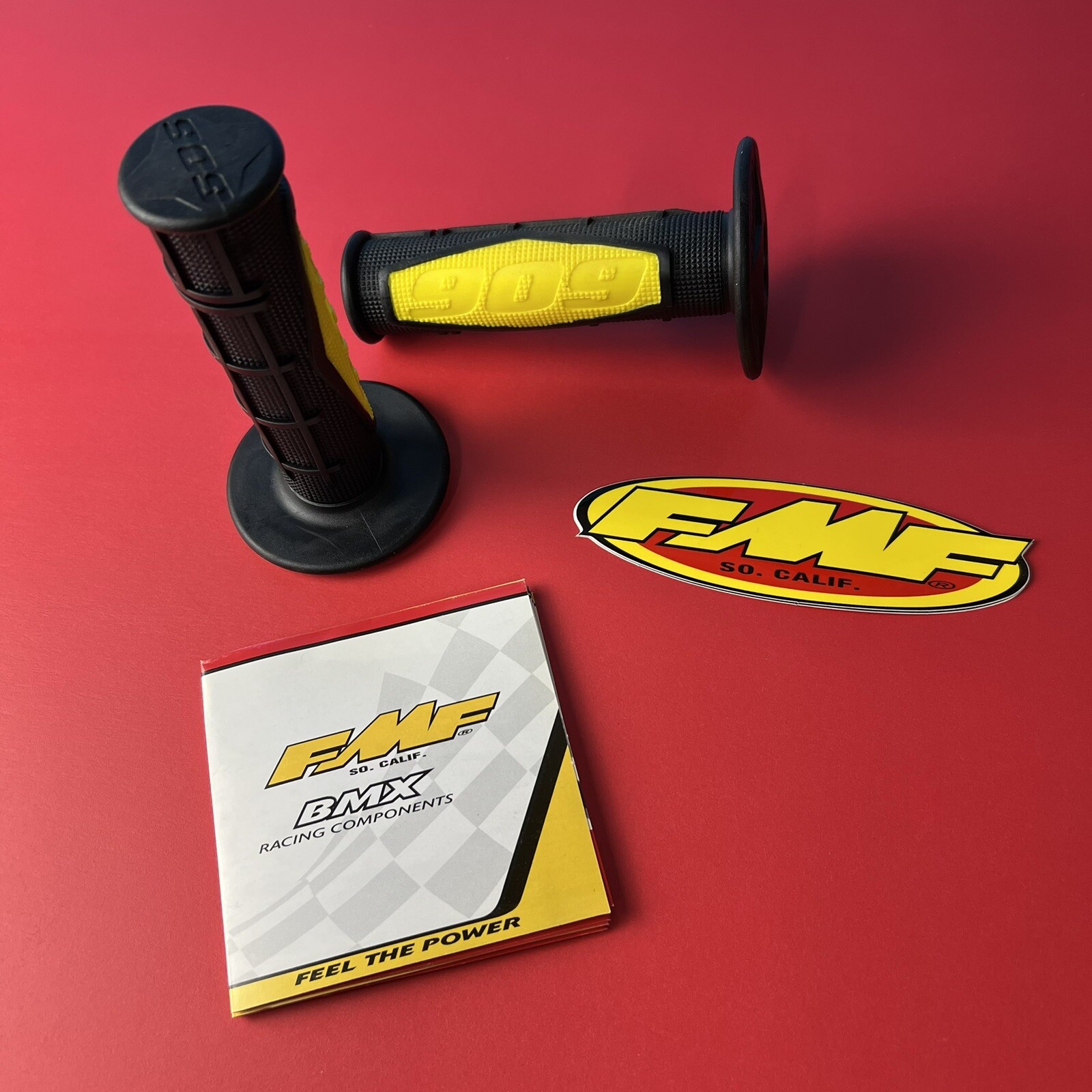 OLD SCHOOL FMF 909 BMX GRIPS VELOCITY BLACK / YELLOW VINTAGE NOS