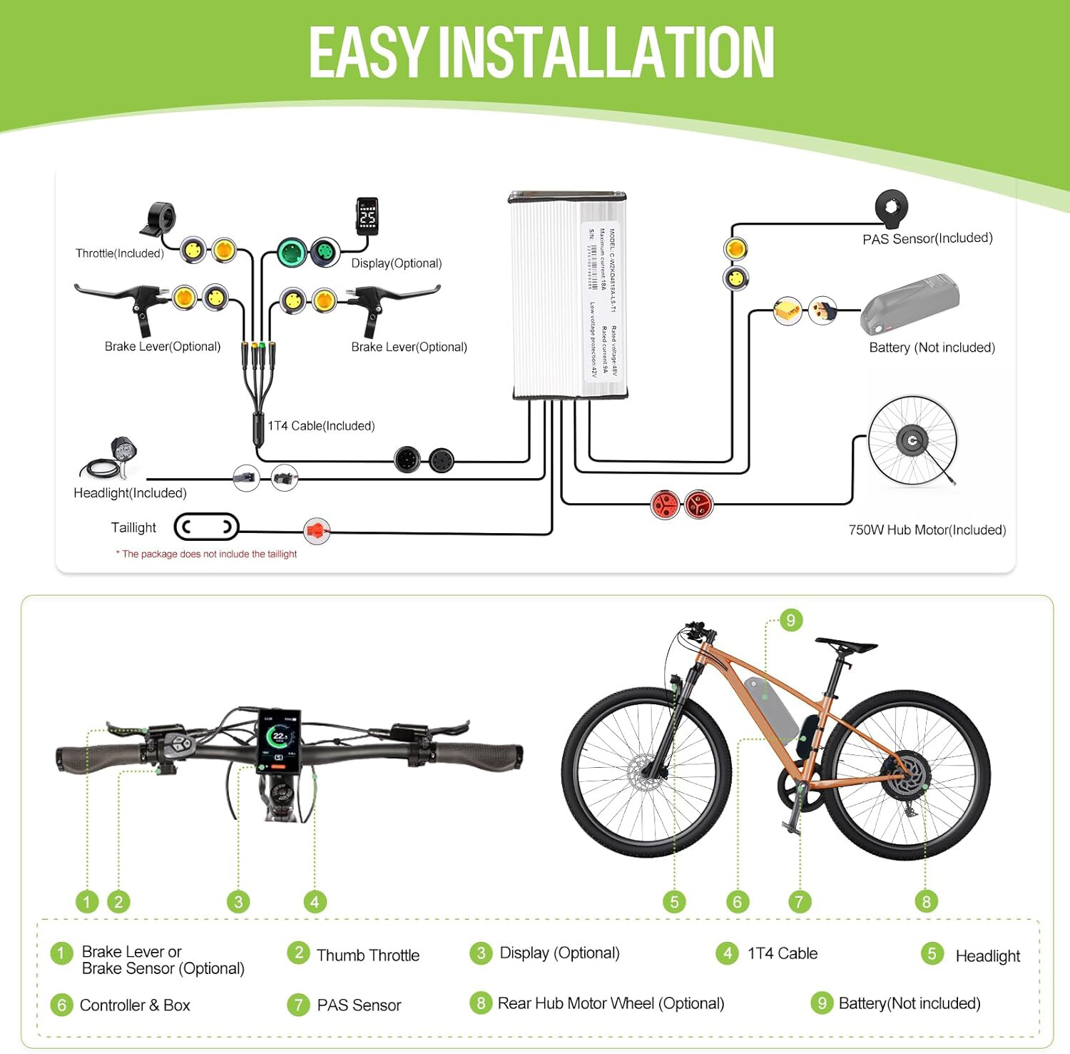 48V 750W Rear Hub Motor Electric Bike Conversion Kit 26″ 27.5″ 700C V-brake USA