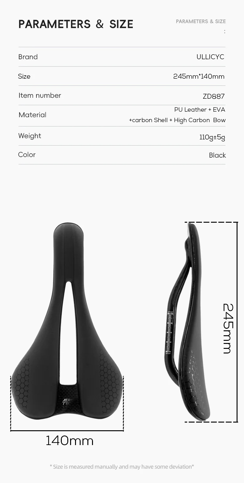 Full Carbon Fiber Leather Saddle 245*140mm MTB Road Race Bicycle Seat Cushion