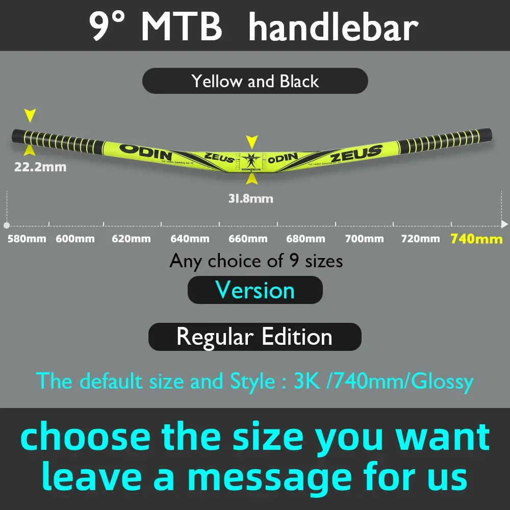 Full Carbon Fiber 9 Degree Mountain Bike Handlebar 31.8mm Clamp 580-800mm