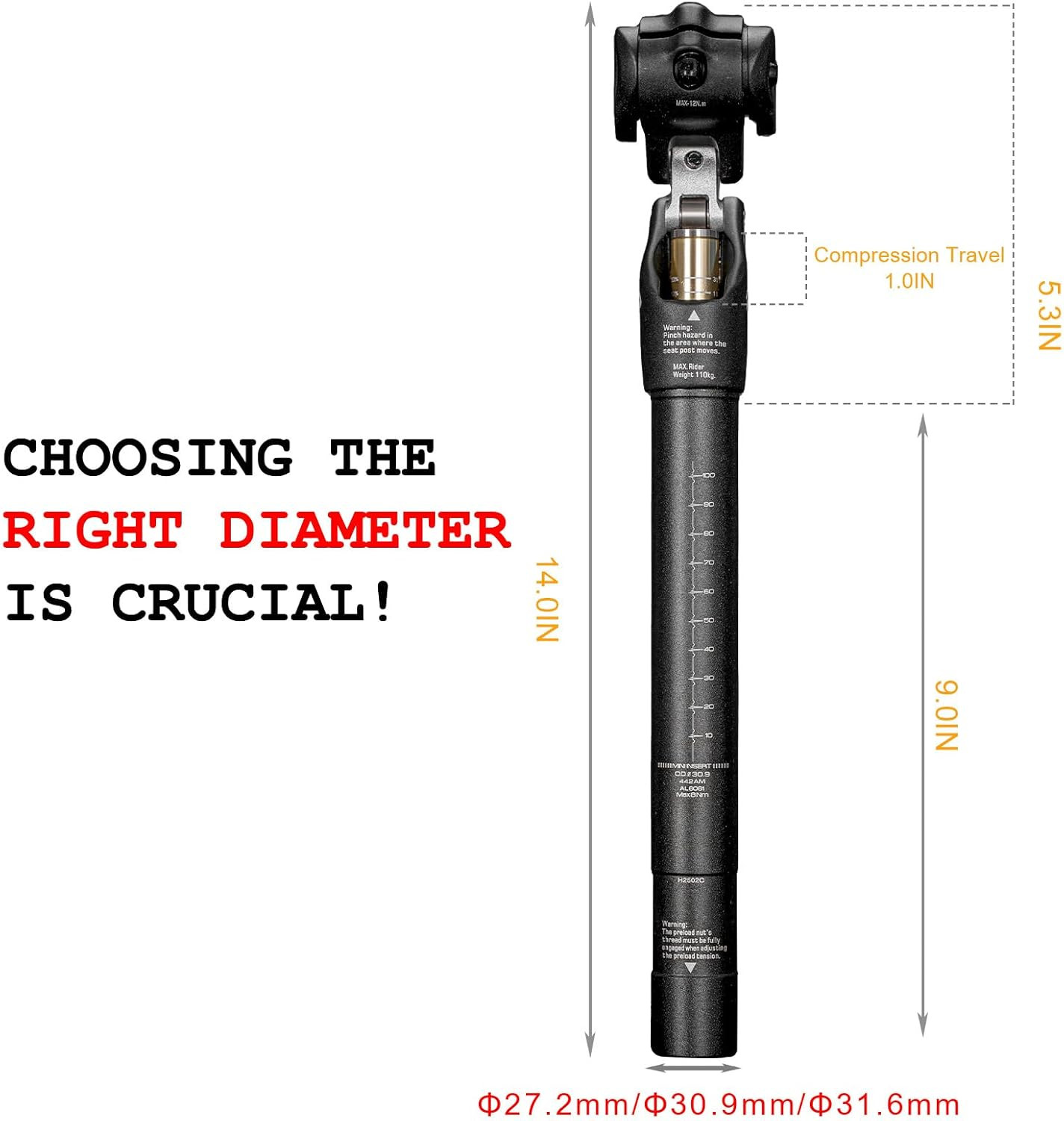 Zoom SP442 Adjustable Bike Suspension Seatpost for Heavy Riders, 27.2/30.9/31.6m