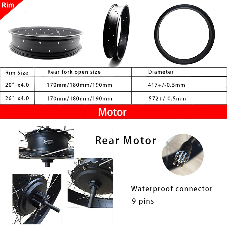 1000W 48V 20 24 26er Snow Ebike Fat Tire Brushless Rear Hub Motor Conversion Kit
