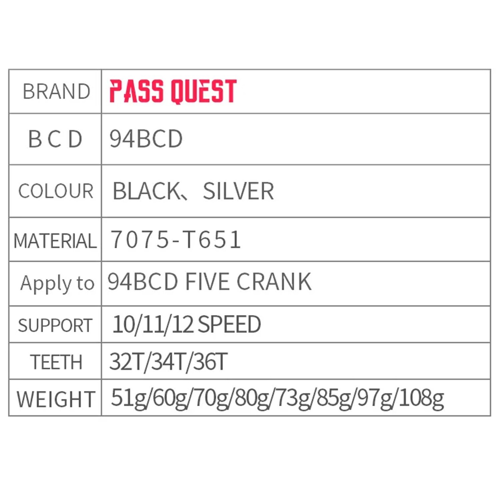 PASS QUEST 94 BCD 5Arm Bicycle Chain wheel ROUND Narrow Wide Chainring 32-36Tage
