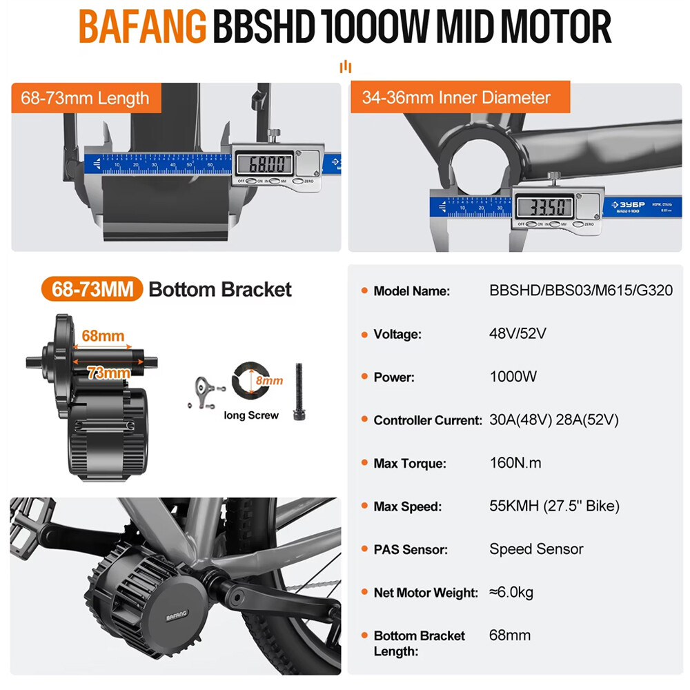 52V1000W Bafang BBSHD Mid Motor Kit BBS03 Electric Bike Conversion Kits 68-73mm