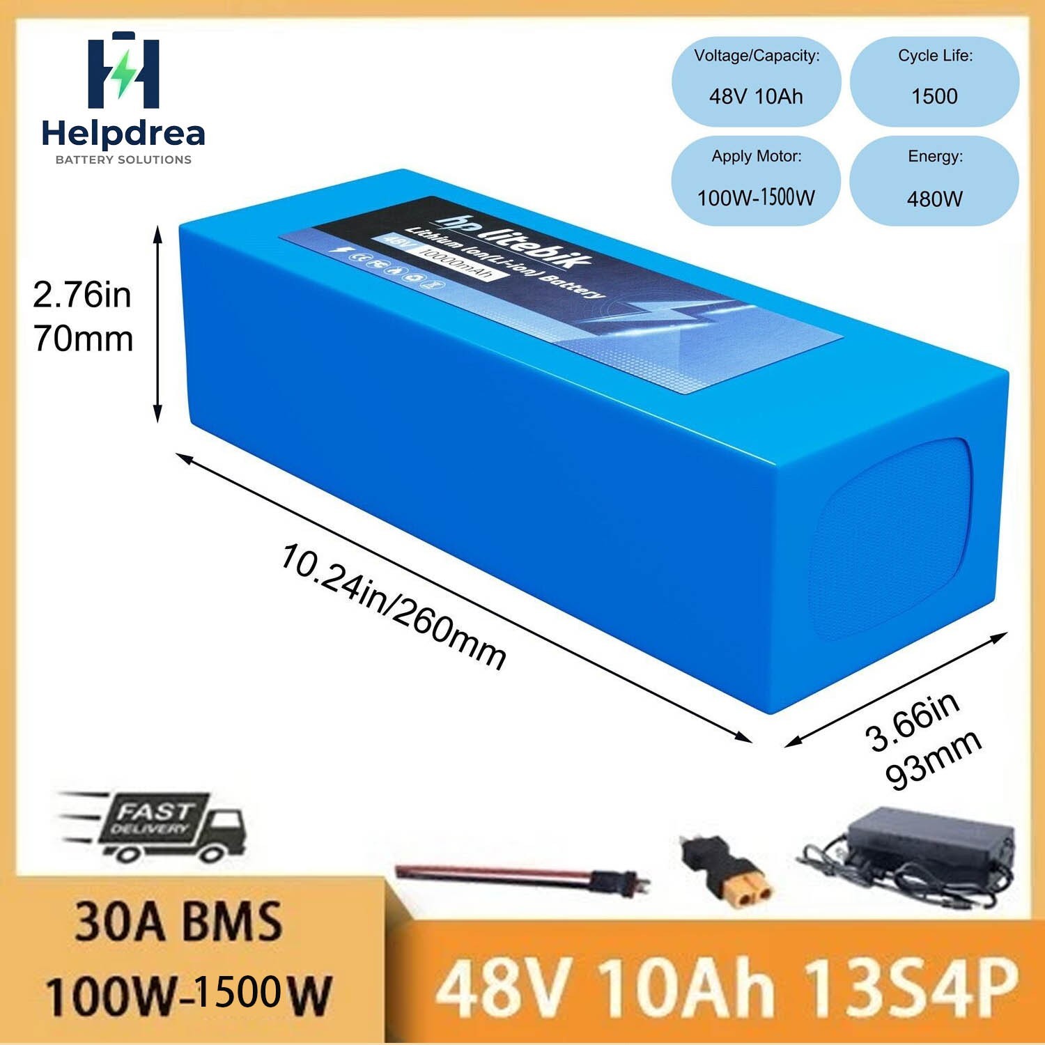 48V 10Ah Lithium Ebike Battery 30A BMS for 100W-1000W Electric Bicycles Scooter