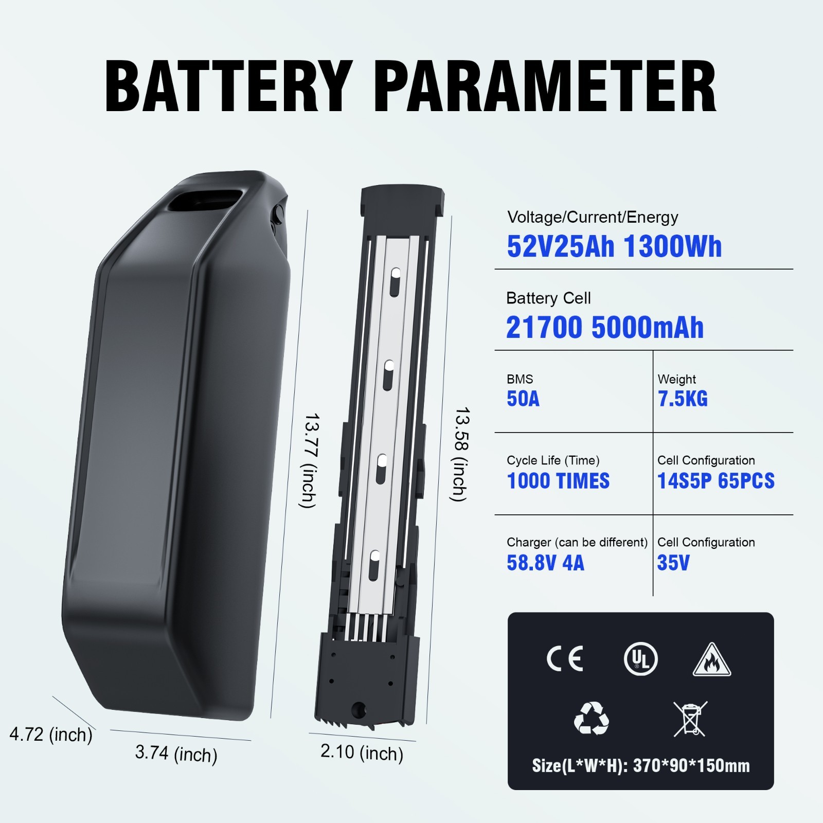 52V 20Ah Hailong Downtube Lithium Battery 50A BMS for 100W- 2600W Motor