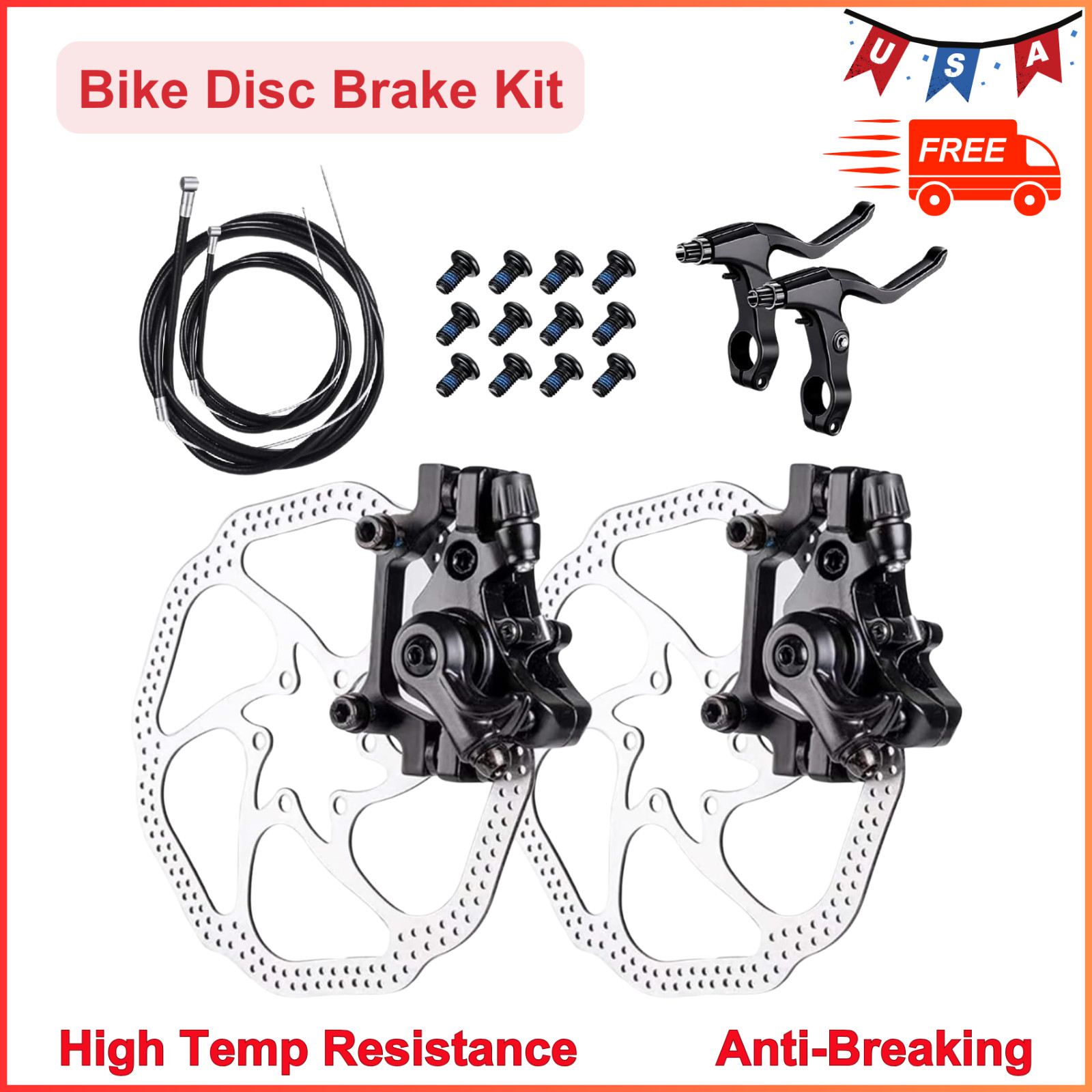 Bike Disc Brake Kit – 2 PCS Stainless Steel 160 mm Rotors & Cable & Brake Lever