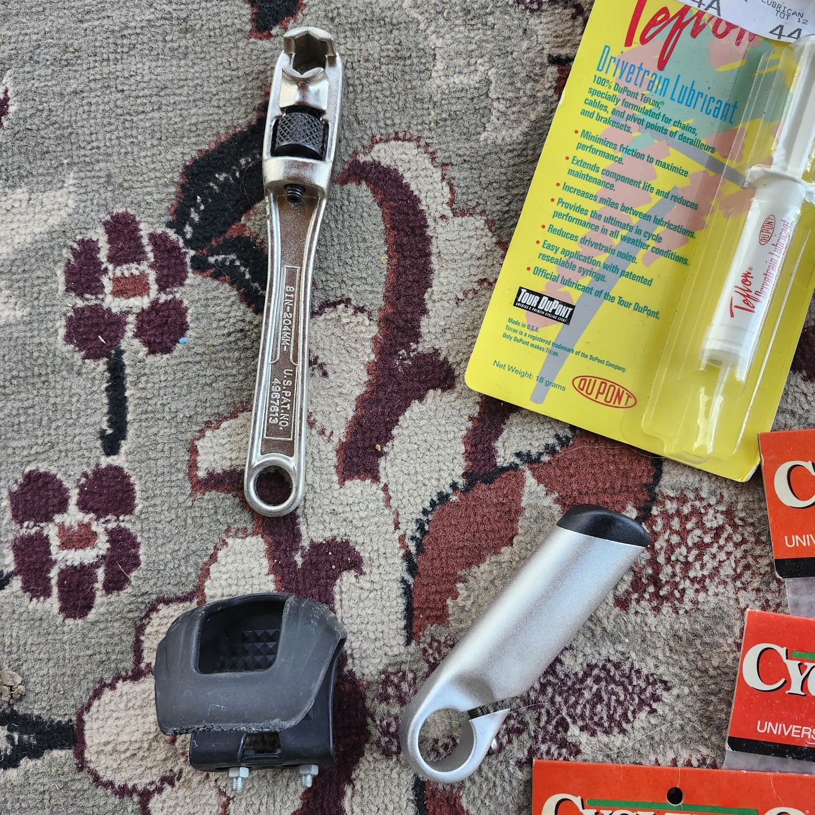 Lot of bicycle Supplies repairs pump pedals straps maps, reflectors, helmet pads
