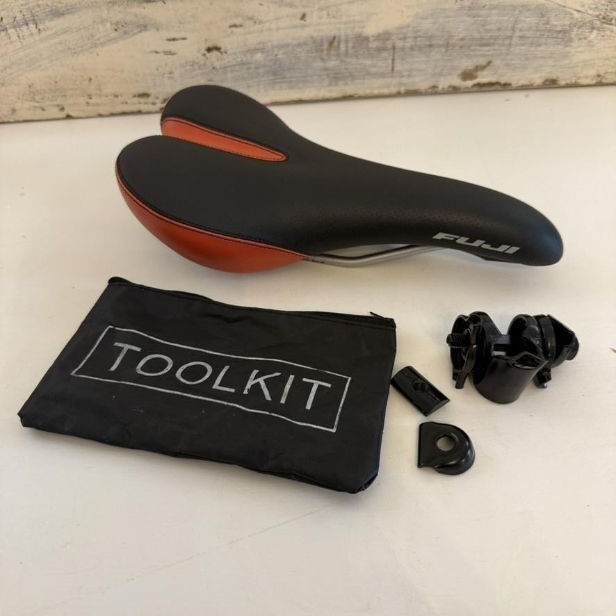 Fuji Bicycle Saddle Seat Black Orange W Clamp Mount Hardware Toolkit Bag