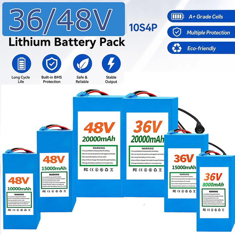 36/48V Battery 8/10/15/20AH Lithium for Electric Motor 200W-1000W With BMS Cell