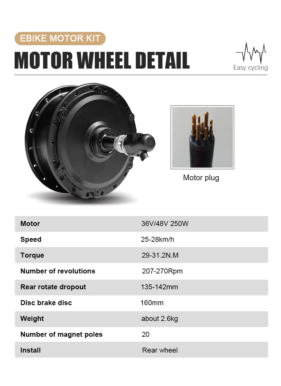 E-bike Conversion Kit 36V 250W 48V Brushless Rear Rotate Hub Motor Wheel