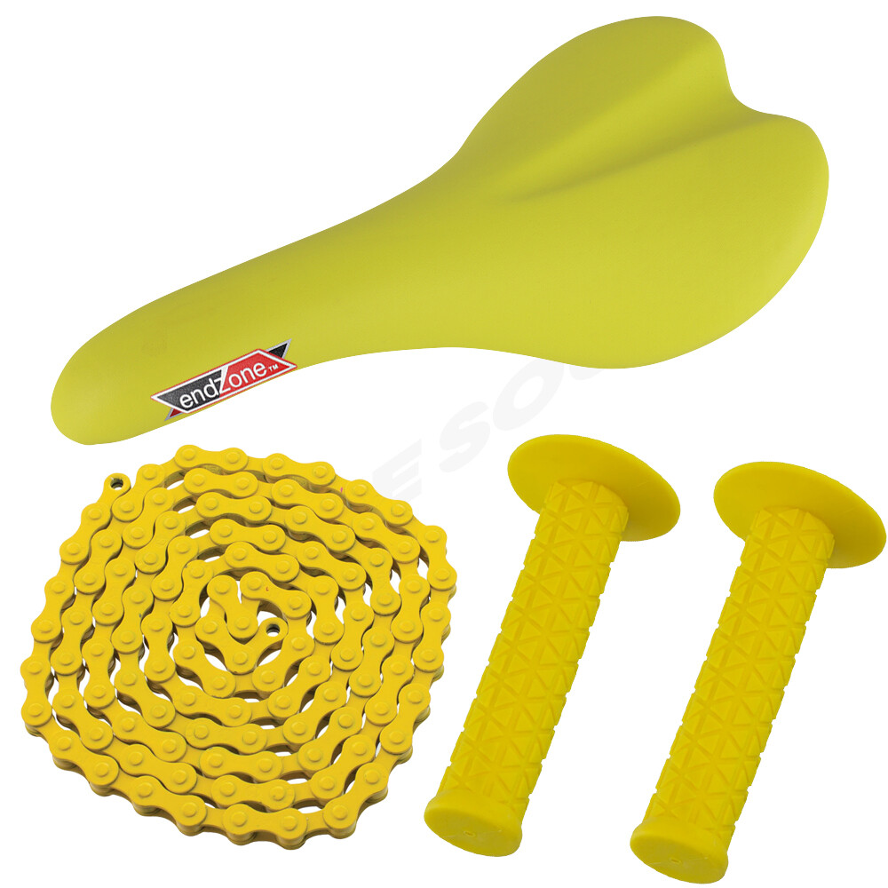 PRO+ PACKAGE DEAL: BICYCLE SEAT GRIPS CHAIN BMX ROAD FIXIE MTB BIKES Yellow
