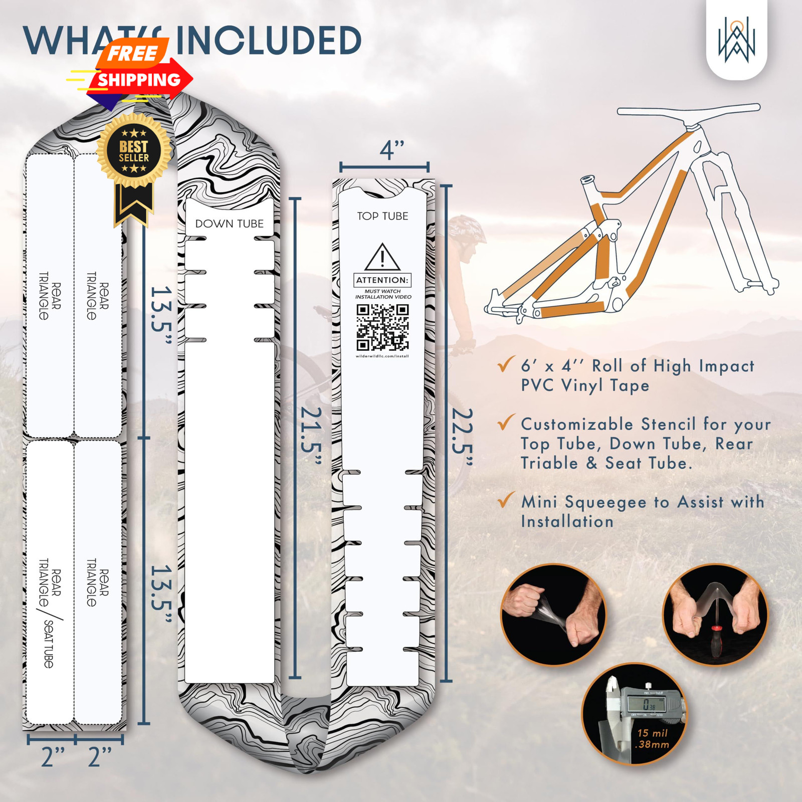 WilderWild Bike Frame Protection Tape- Universal, Topographic Marble Matte