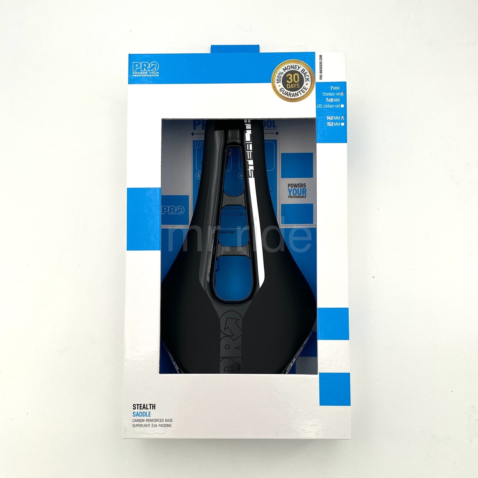 Shimano PRO STEALTH Saddle,7mm Stainless Rail,EVA Padding,Carbon Shell 142mm