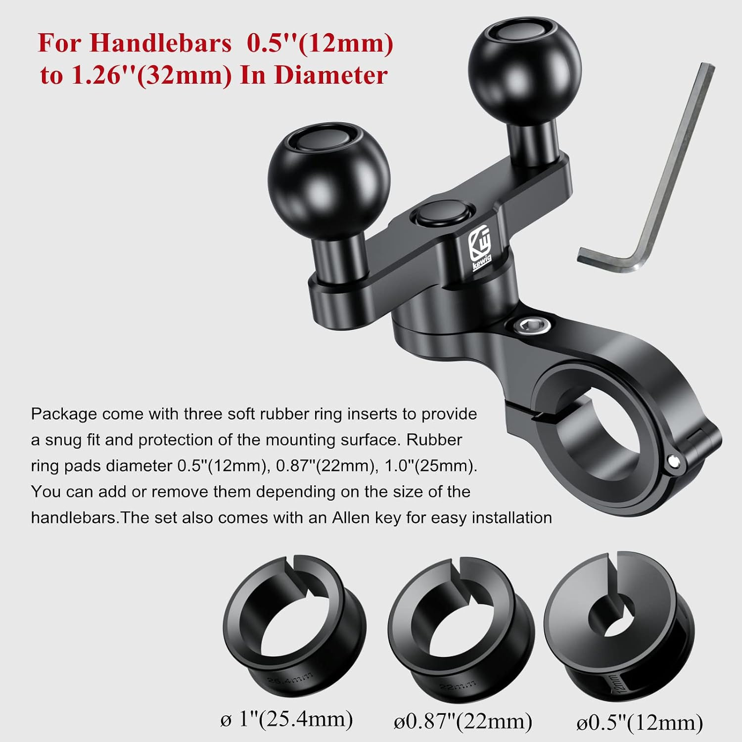 Aluminum Alloy Handlebar Clamp Mount Base with Double 1» TPU Ball |