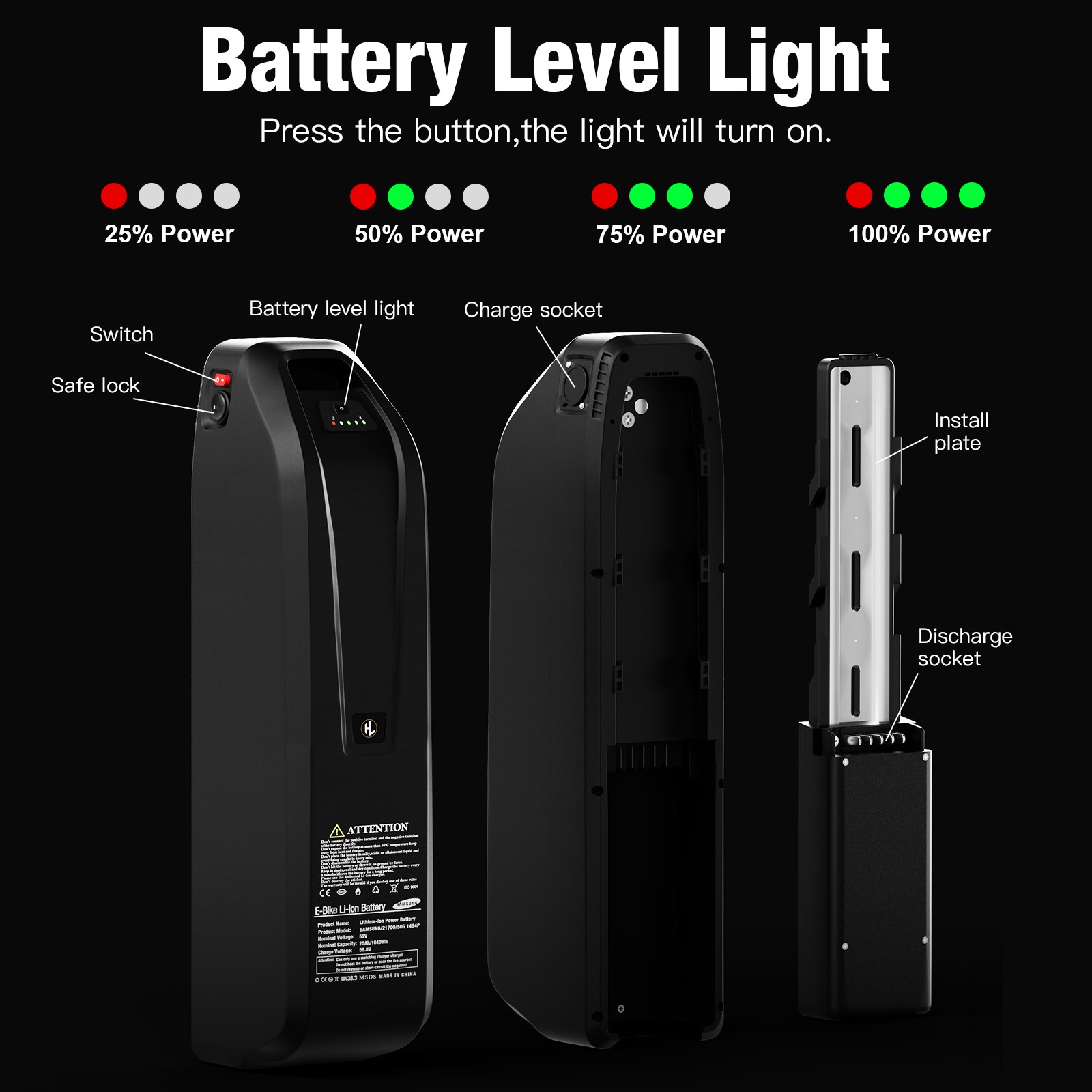 52V 20Ah Hailong HL Ebike Lithium Battery 50A BMS with Sa-sung Cells 100-2600W