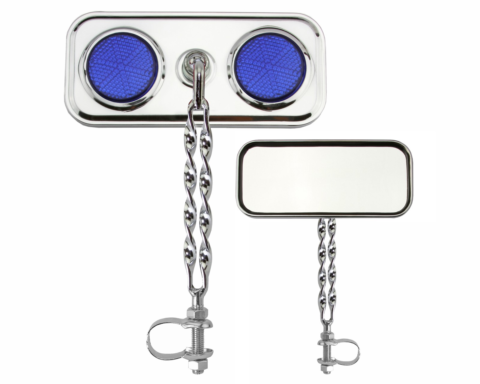 Bike Rectangle Double Flat Twisted Mirror Chrome Blue Reflectors.