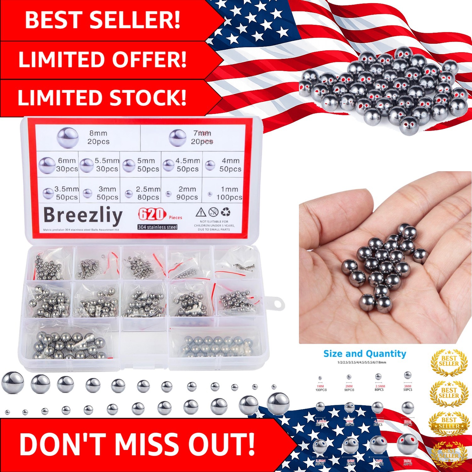 620-Pc 304 Stainless Steel Bearing Ball Kit: Precision 1-8mm Assortment