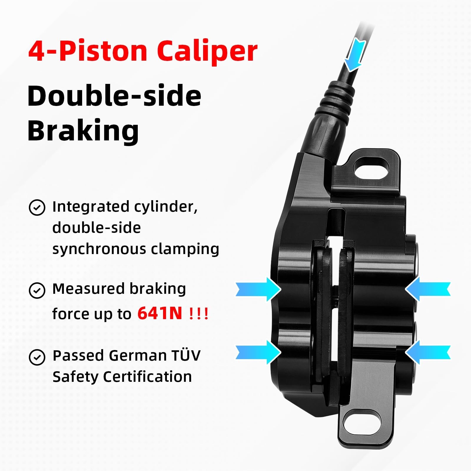 Hydraulic Disc Brake Set for MTB, 4 Piston, Ceramic Pads, 850mm & 1550mm Hoses,
