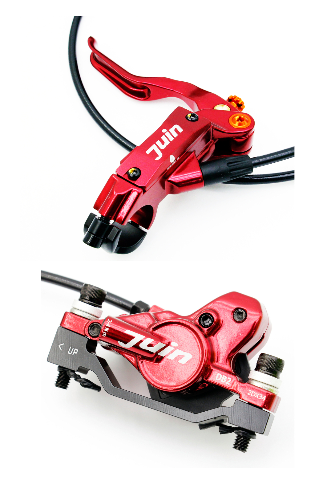 Red Juin Tech DB2 Mountain Bicycle Hydraulic Disc Brakes F/R Set w/ Rotors