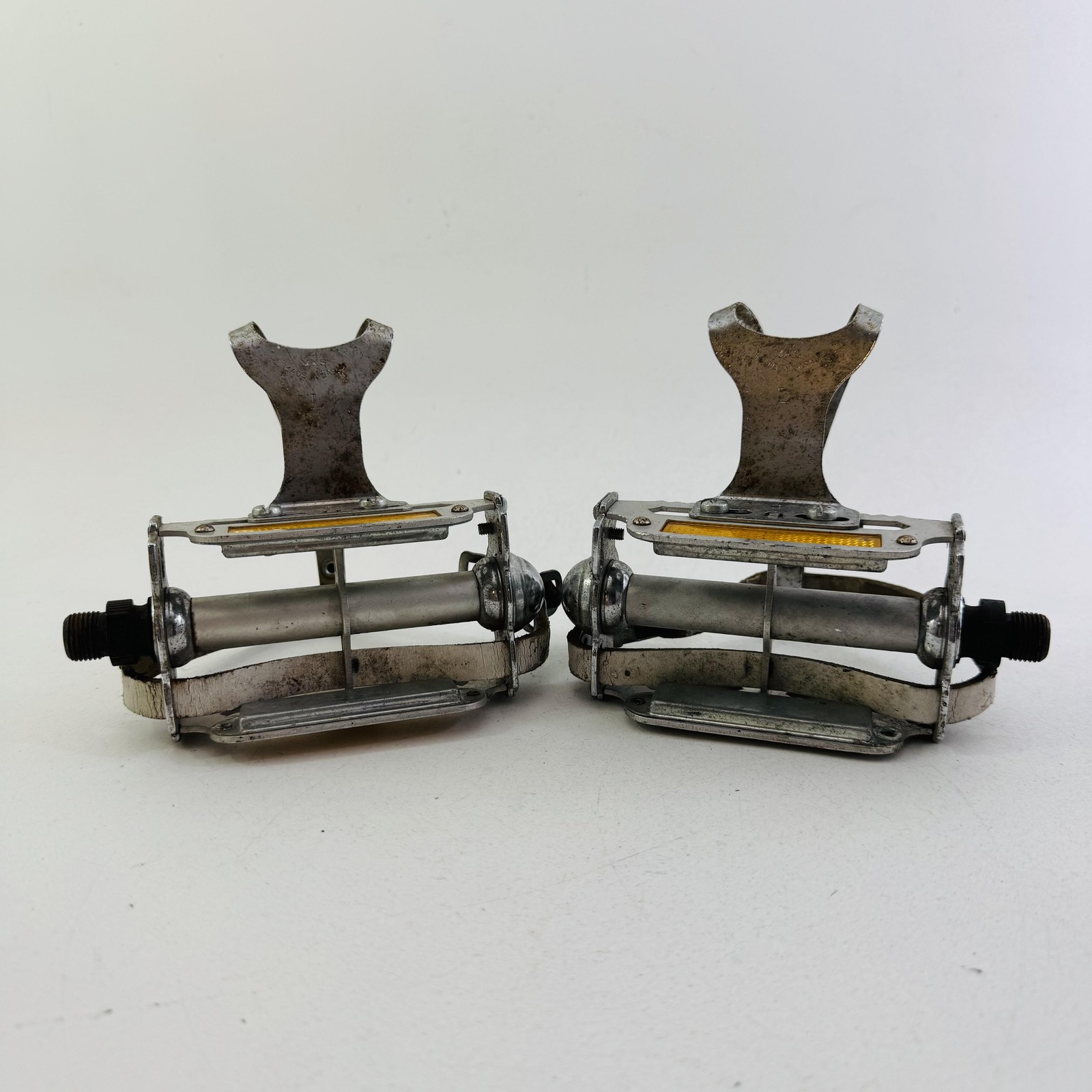 Vintage MKS K11A Platform Pedals Christophe Toe Clips Straps 9/16 In Silver A96