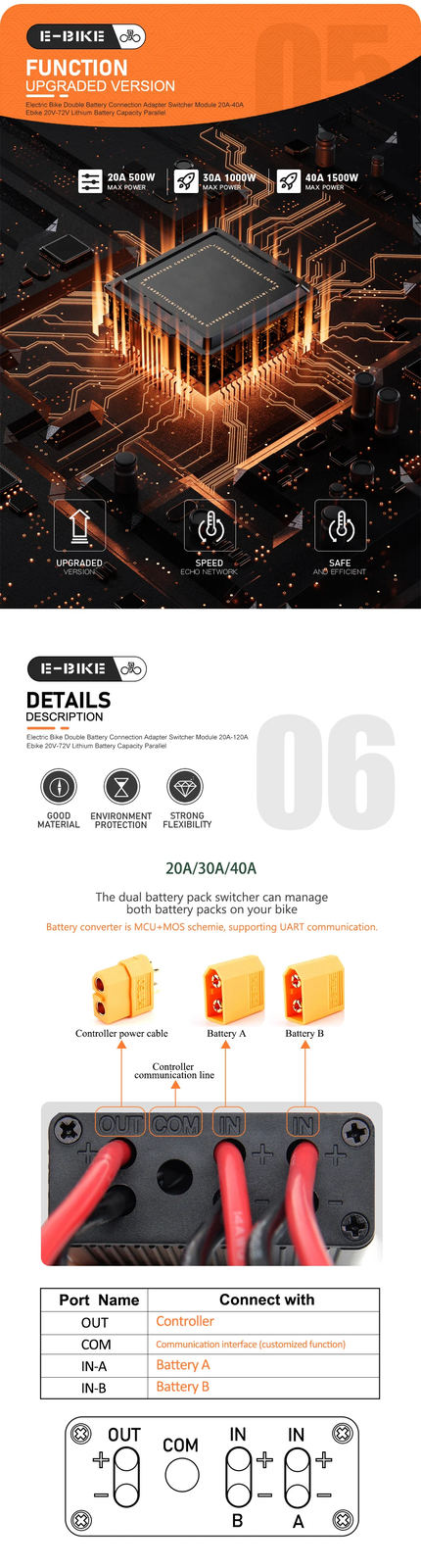 20A 30A 40A Ebike Dual Battery Discharge Converter Connection Adapter 20V-72V
