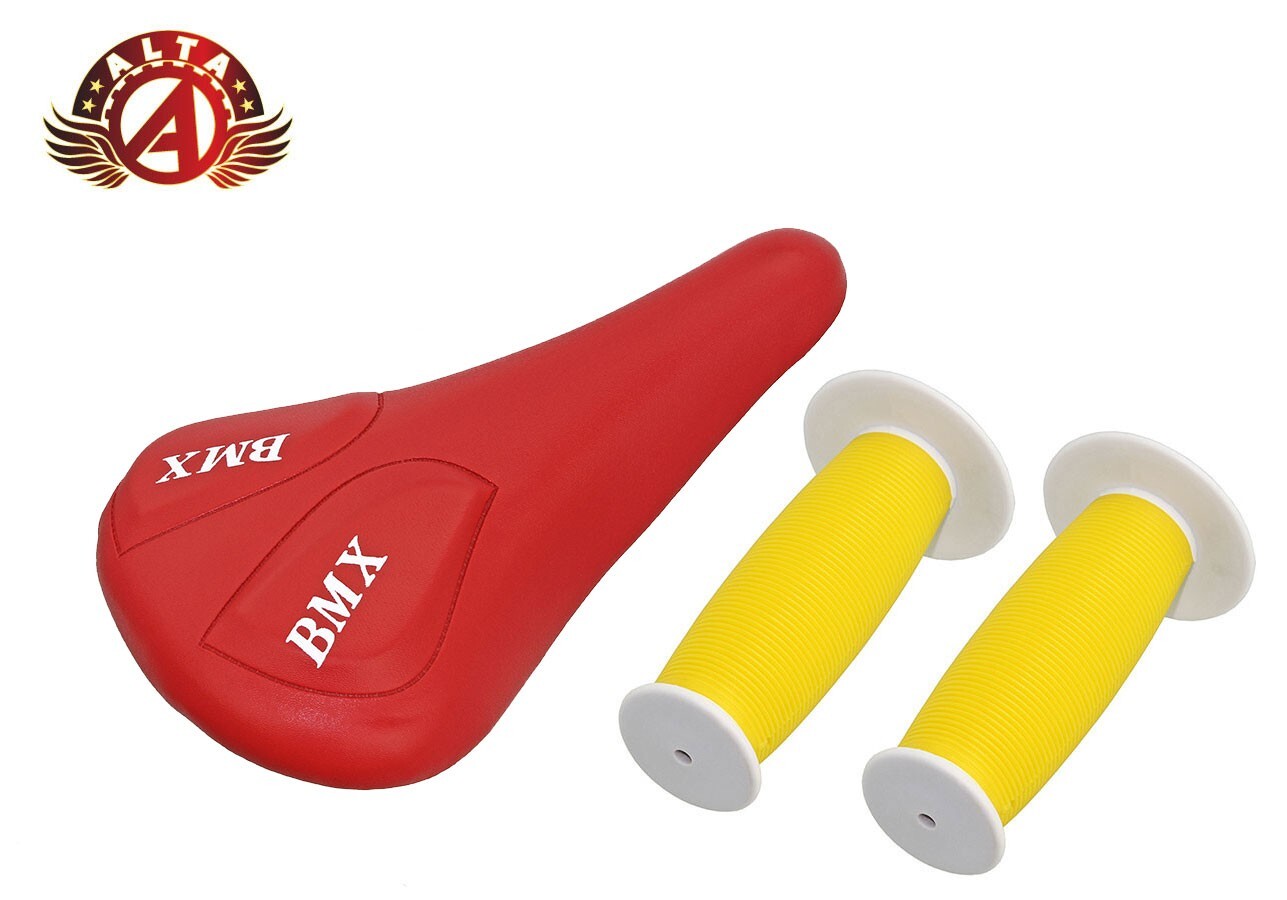 ALTA Red BMX Vinyl Saddle & Yellow/White Mushroom Grips BMX BIKES.