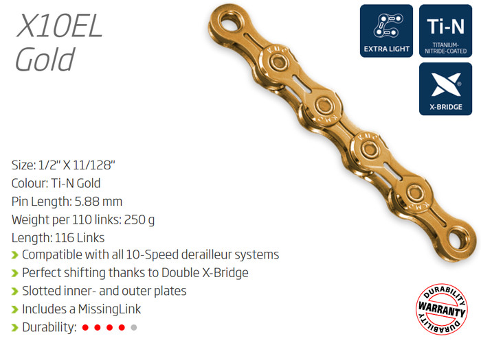 KMC X10EL 10 Speed Chain — 116 Links / Gold — AUS STOCK — Bike MTB Road